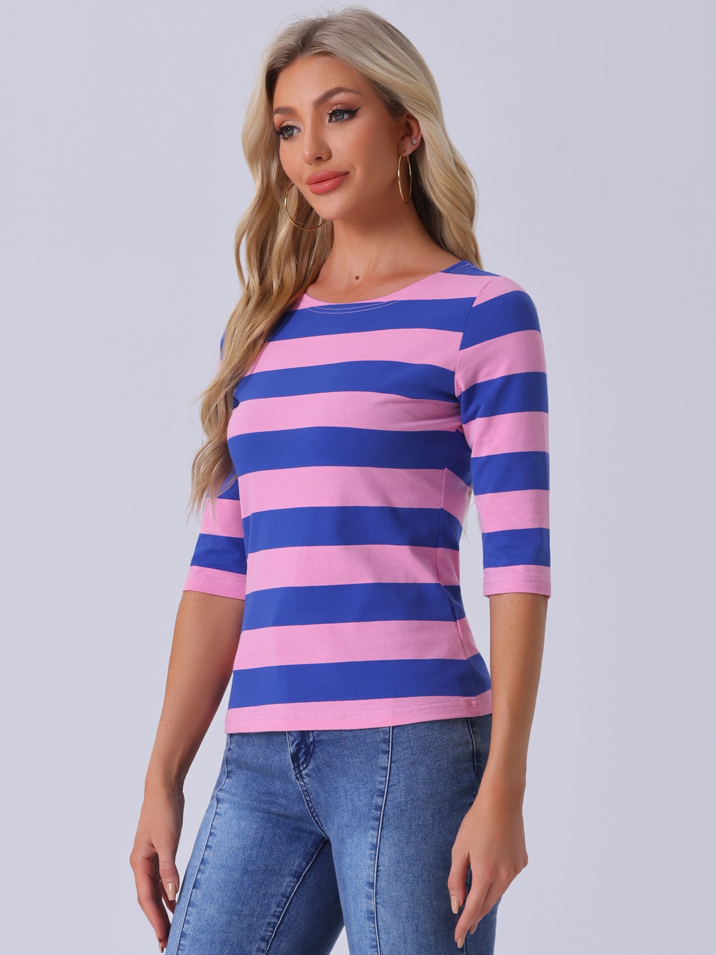 Allegra K Striped Elbow Sleeve Casual Basic Boat Neck T-shirt