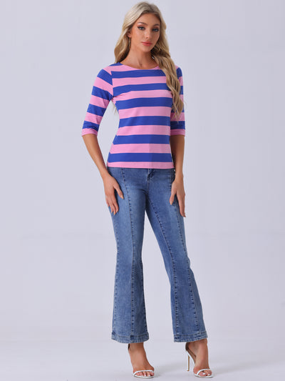 Striped Elbow Sleeve Casual Basic Boat Neck T-shirt