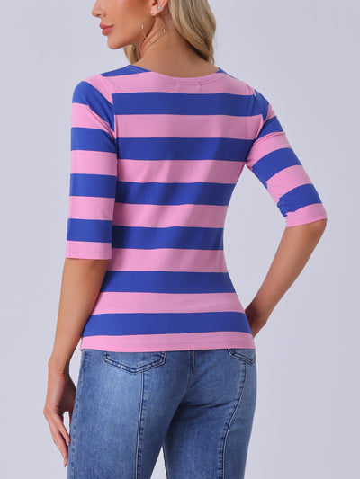 Striped Elbow Sleeve Casual Basic Boat Neck T-shirt