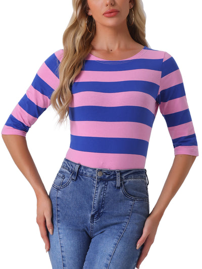 Striped Elbow Sleeve Casual Basic Boat Neck T-shirt