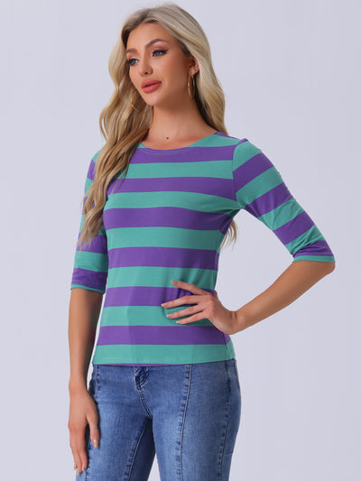 Striped Elbow Sleeve Casual Basic Boat Neck T-shirt