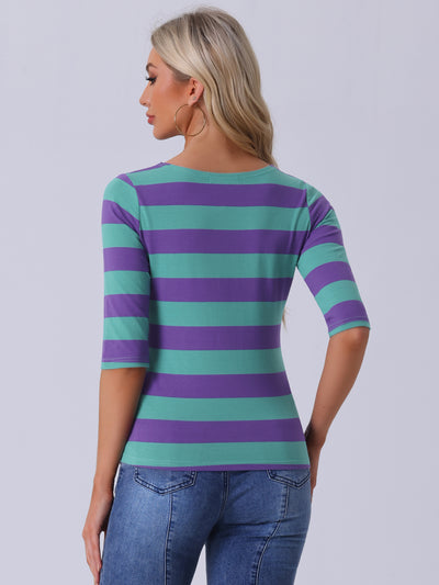 Striped Elbow Sleeve Casual Basic Boat Neck T-shirt