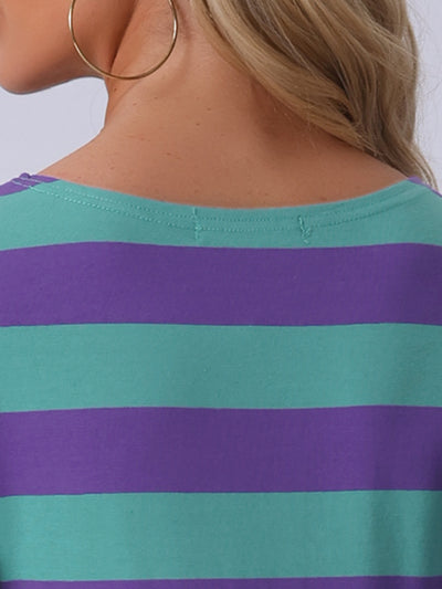 Striped Elbow Sleeve Casual Basic Boat Neck T-shirt