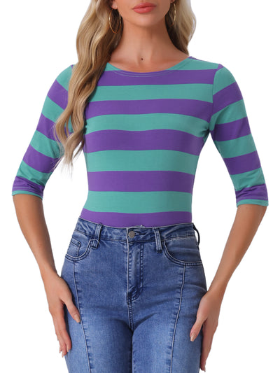 Striped Elbow Sleeve Casual Basic Boat Neck T-shirt