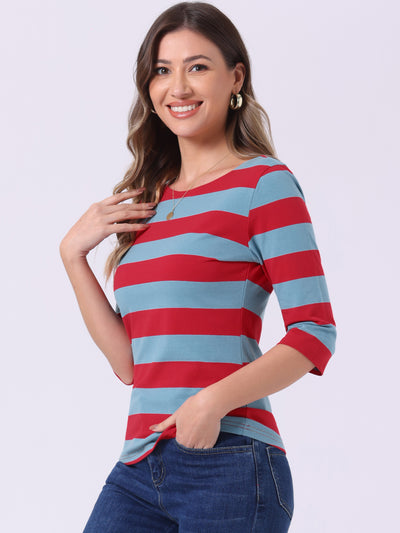 Casual Striped Elbow Sleeve Basic Boat Neck T-shirt