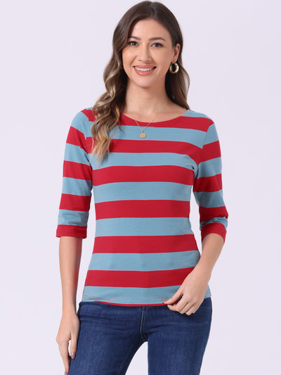 Casual Striped Elbow Sleeve Basic Boat Neck T-shirt