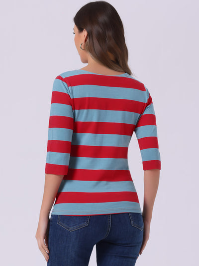 Casual Striped Elbow Sleeve Basic Boat Neck T-shirt