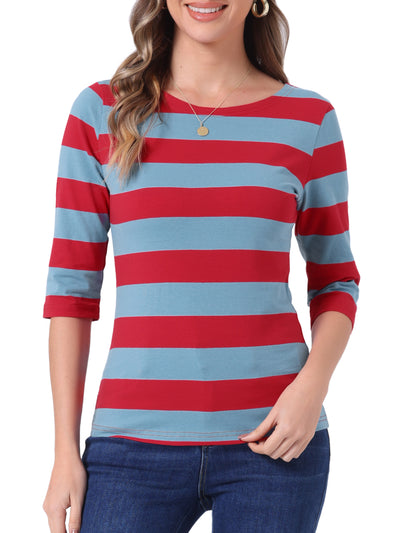 Casual Striped Elbow Sleeve Basic Boat Neck T-shirt