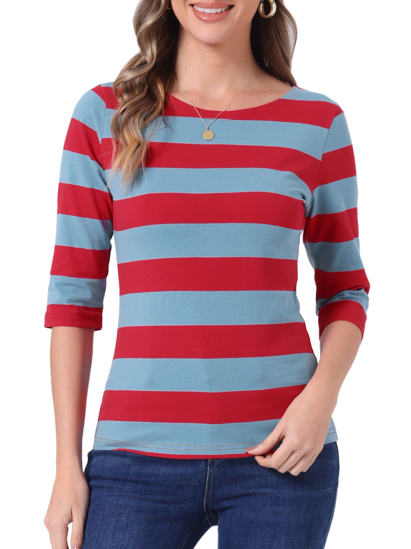 Allegra K Casual Striped Elbow Sleeve Basic Boat Neck T-shirt