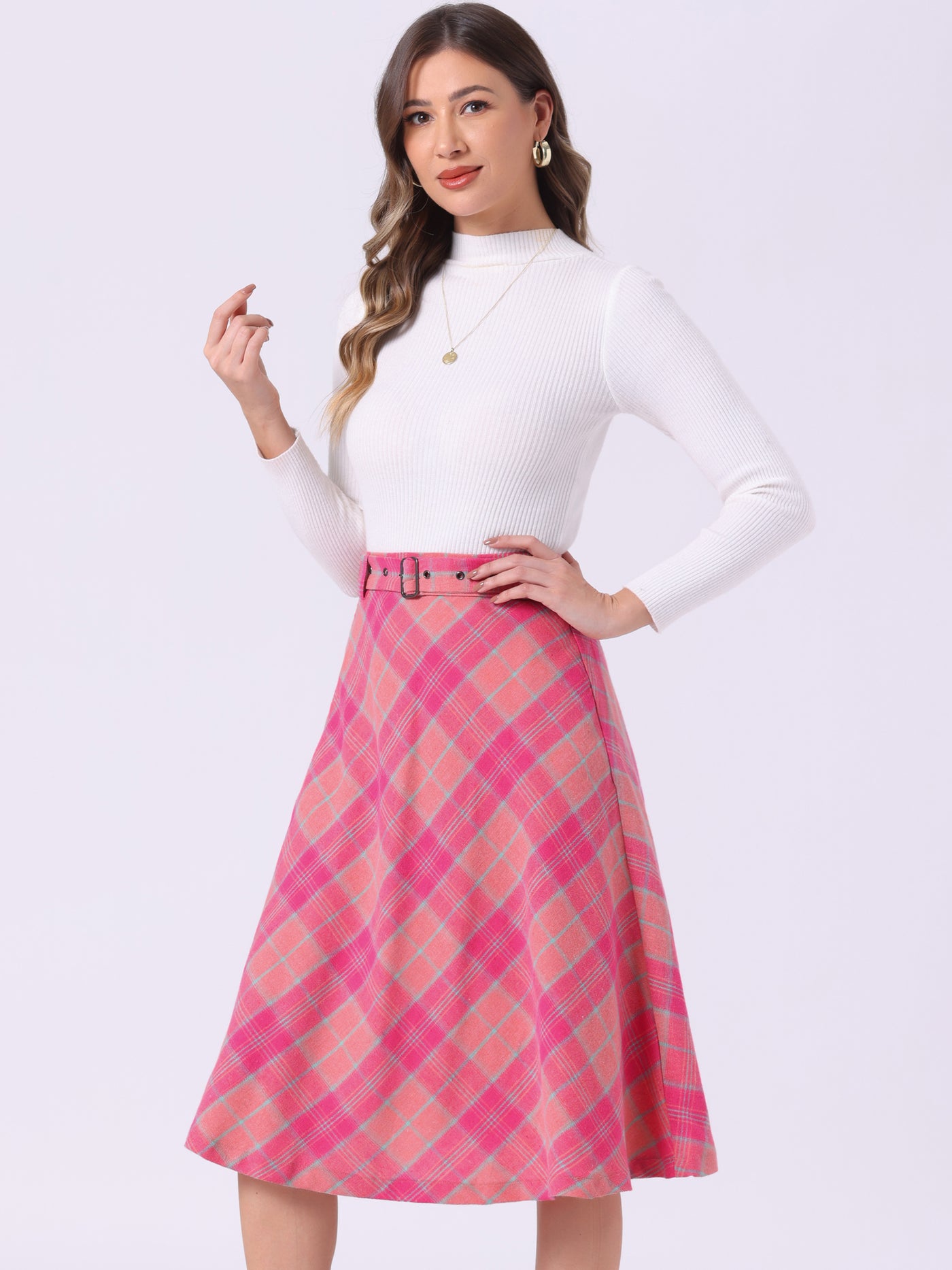 Allegra K Christmas Tartan Plaid High Waist Belted A-Line Midi Skirt