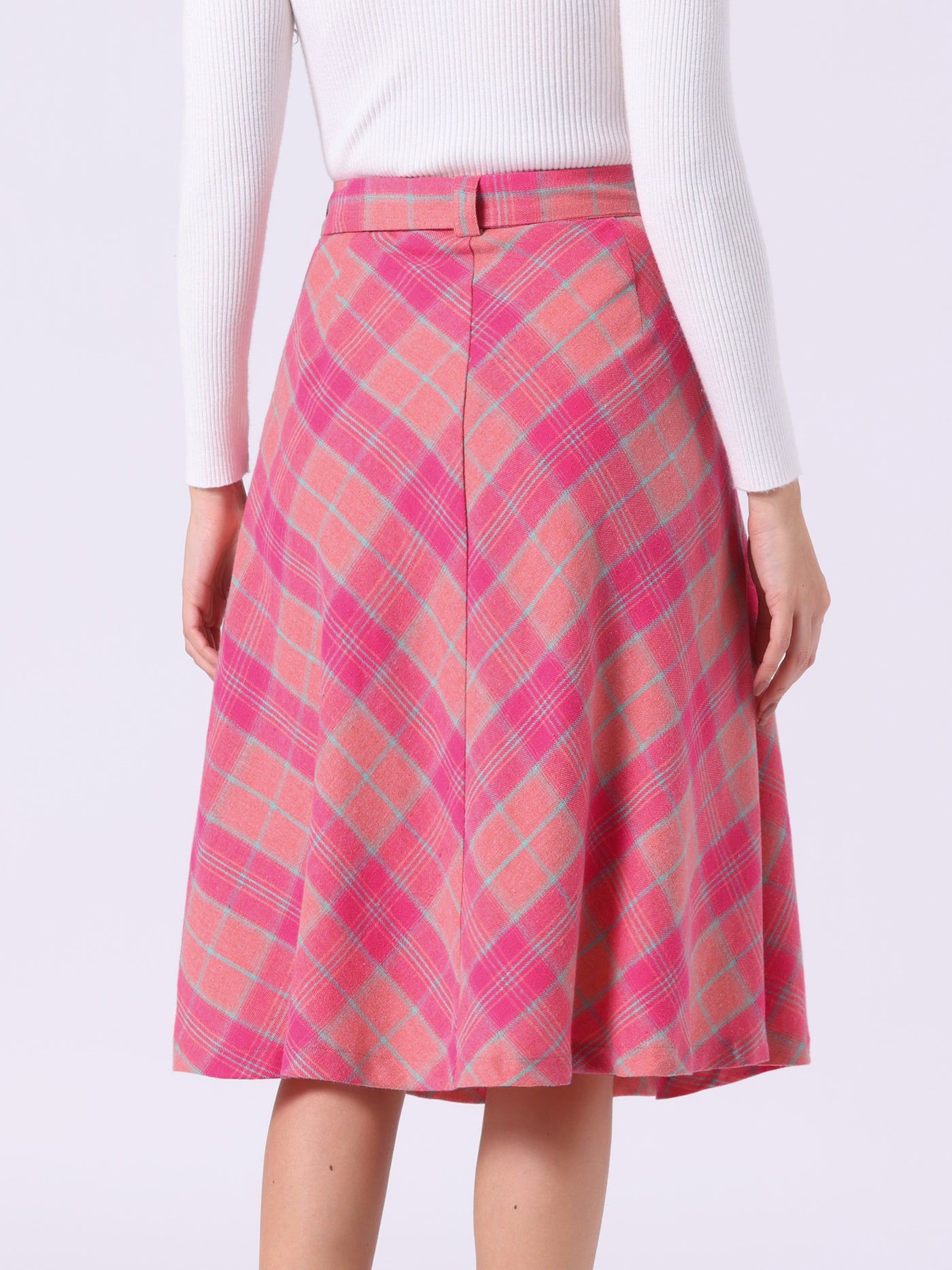 Allegra K Christmas Tartan Plaid High Waist Belted A-Line Midi Skirt