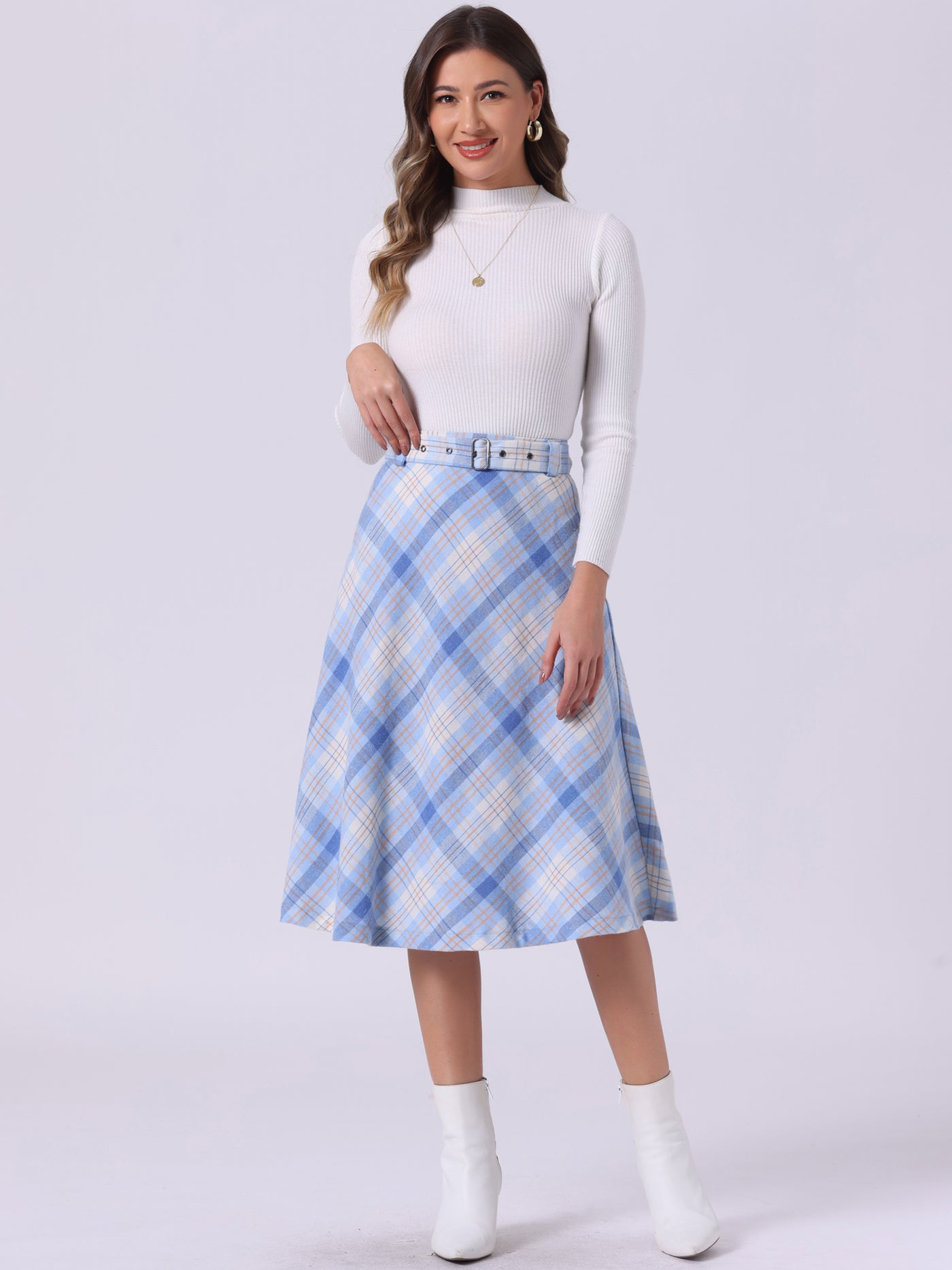 Allegra K Christmas Tartan Plaid High Waist Belted A-Line Midi Skirt