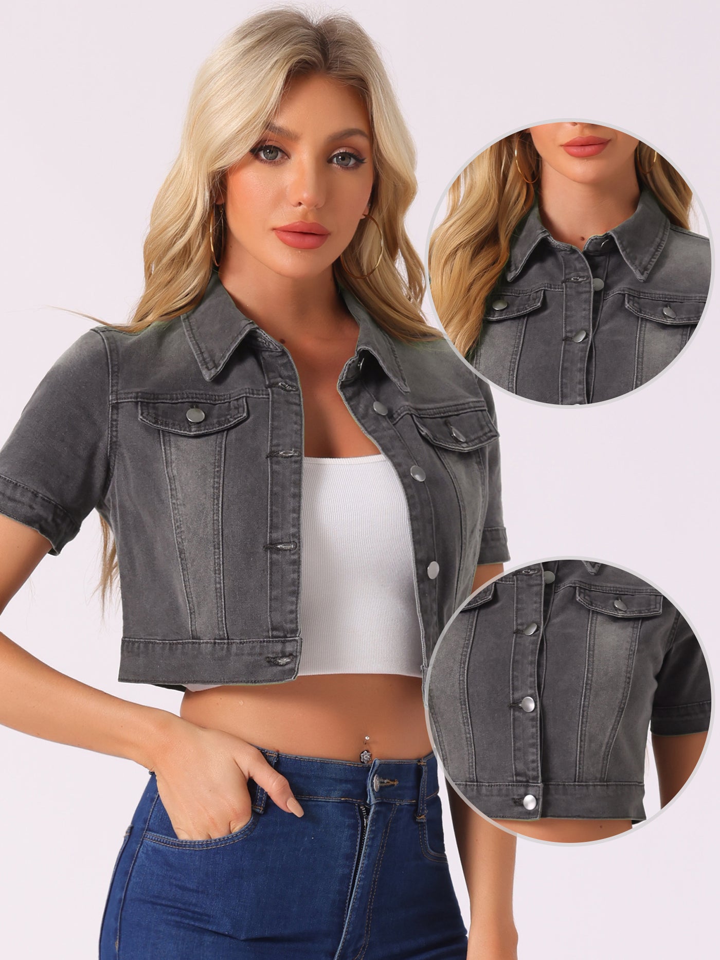 Allegra K Casual Lapel Short Sleeve Crop Top Jean Denim Jacket