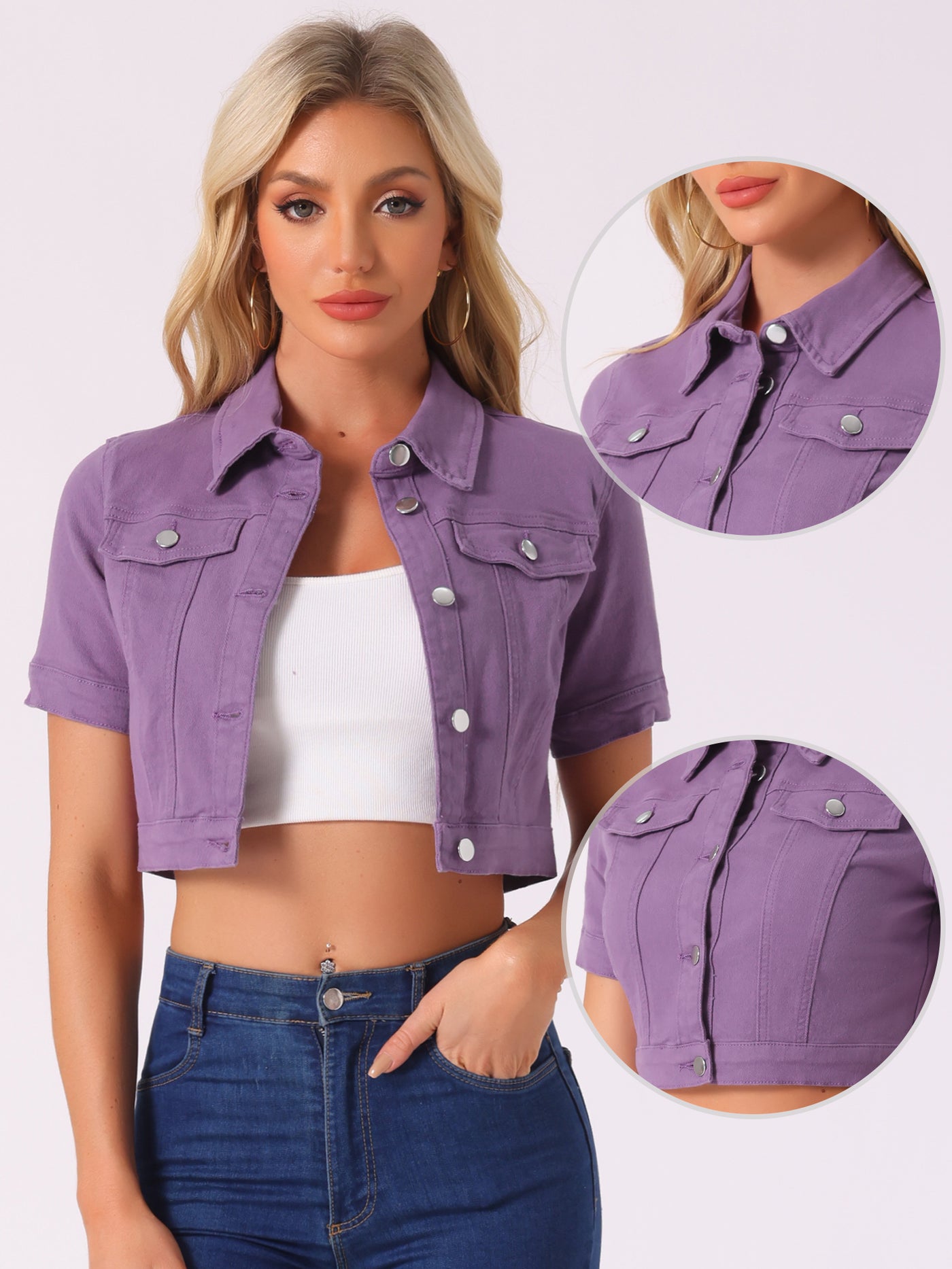 Allegra K Casual Lapel Short Sleeve Crop Top Jean Denim Jacket