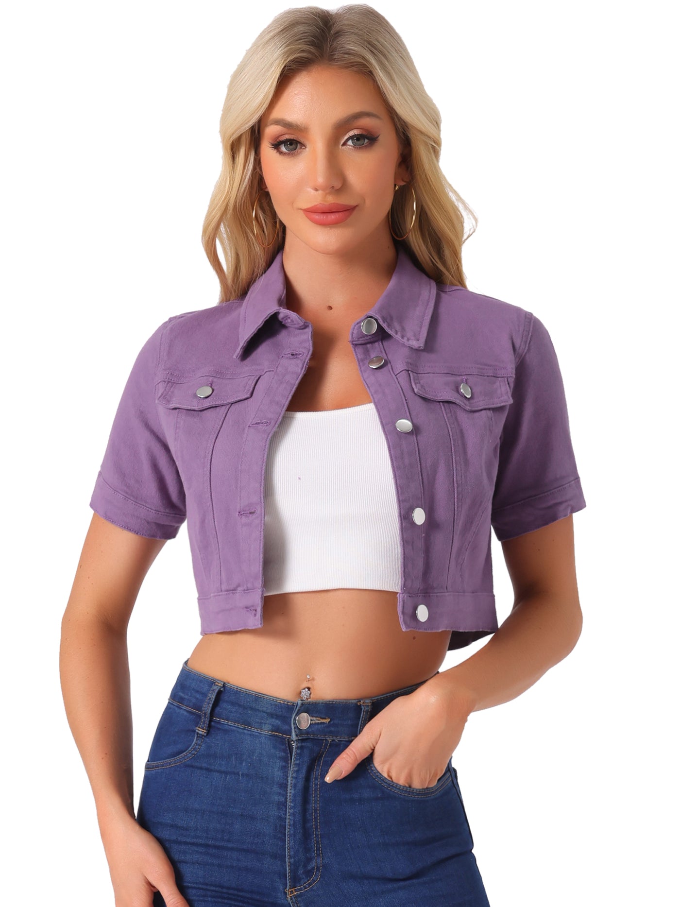 Allegra K Casual Lapel Short Sleeve Crop Top Jean Denim Jacket