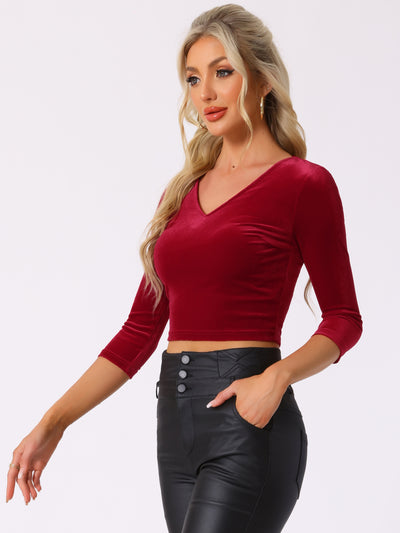 Velvet Blouse V Neck 3/4 Sleeve Solid Crop Top