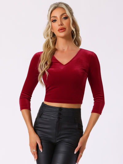 Velvet Blouse V Neck 3/4 Sleeve Solid Crop Top