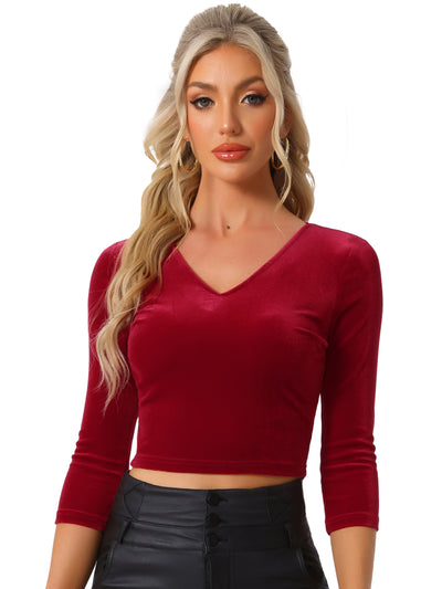 Velvet Blouse V Neck 3/4 Sleeve Solid Crop Top