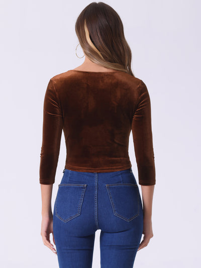 Velvet Blouse V Neck 3/4 Sleeve Solid Crop Top