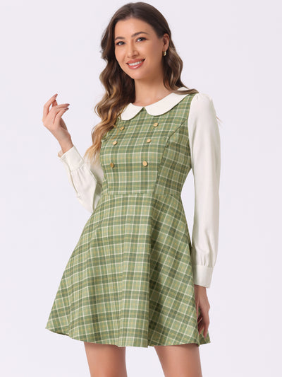 Peter Pan Collar Contrast Color Button Decor Plaid Dress