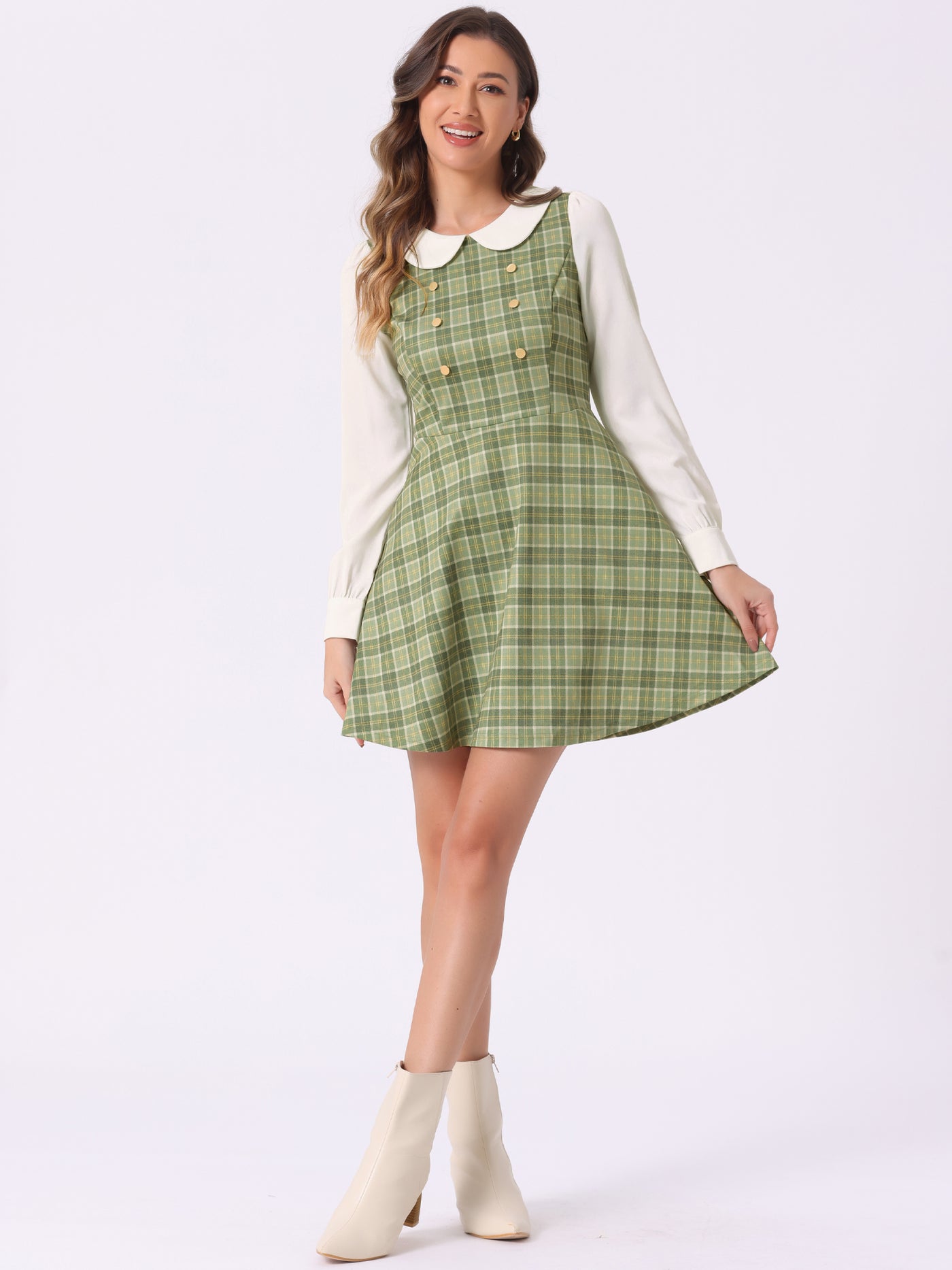 Allegra K Peter Pan Collar Contrast Color Button Decor Plaid Dress