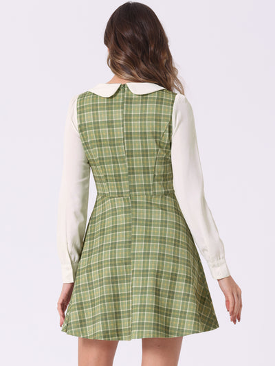 Peter Pan Collar Contrast Color Button Decor Plaid Dress