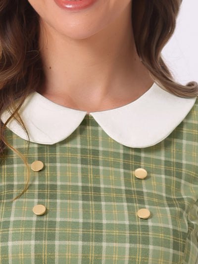 Peter Pan Collar Contrast Color Button Decor Plaid Dress