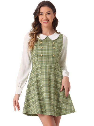 Peter Pan Collar Contrast Color Button Decor Plaid Dress