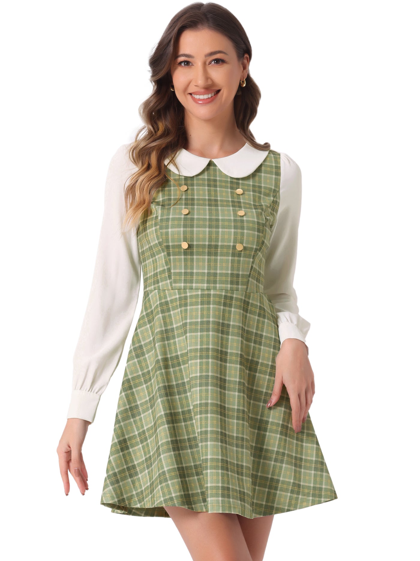 Allegra K Peter Pan Collar Contrast Color Button Decor Plaid Dress