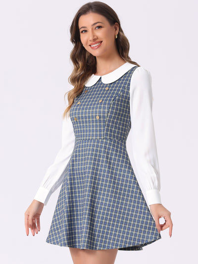 Peter Pan Collar Contrast Color Button Decor Plaid Dress