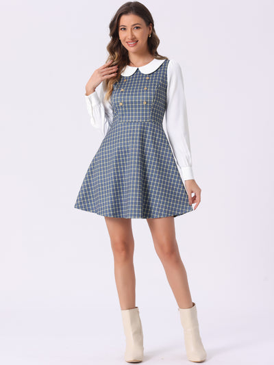 Peter Pan Collar Contrast Color Button Decor Plaid Dress