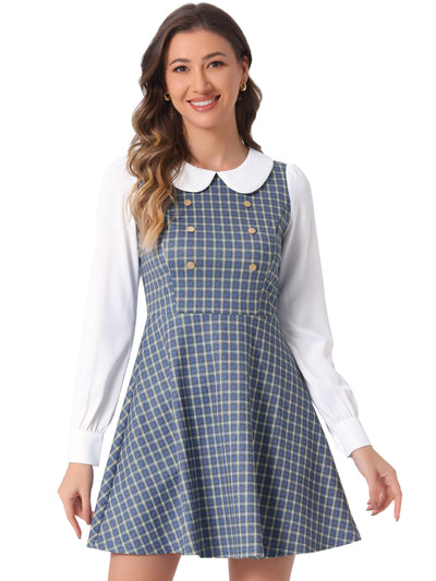 Peter Pan Collar Contrast Color Button Decor Plaid Dress