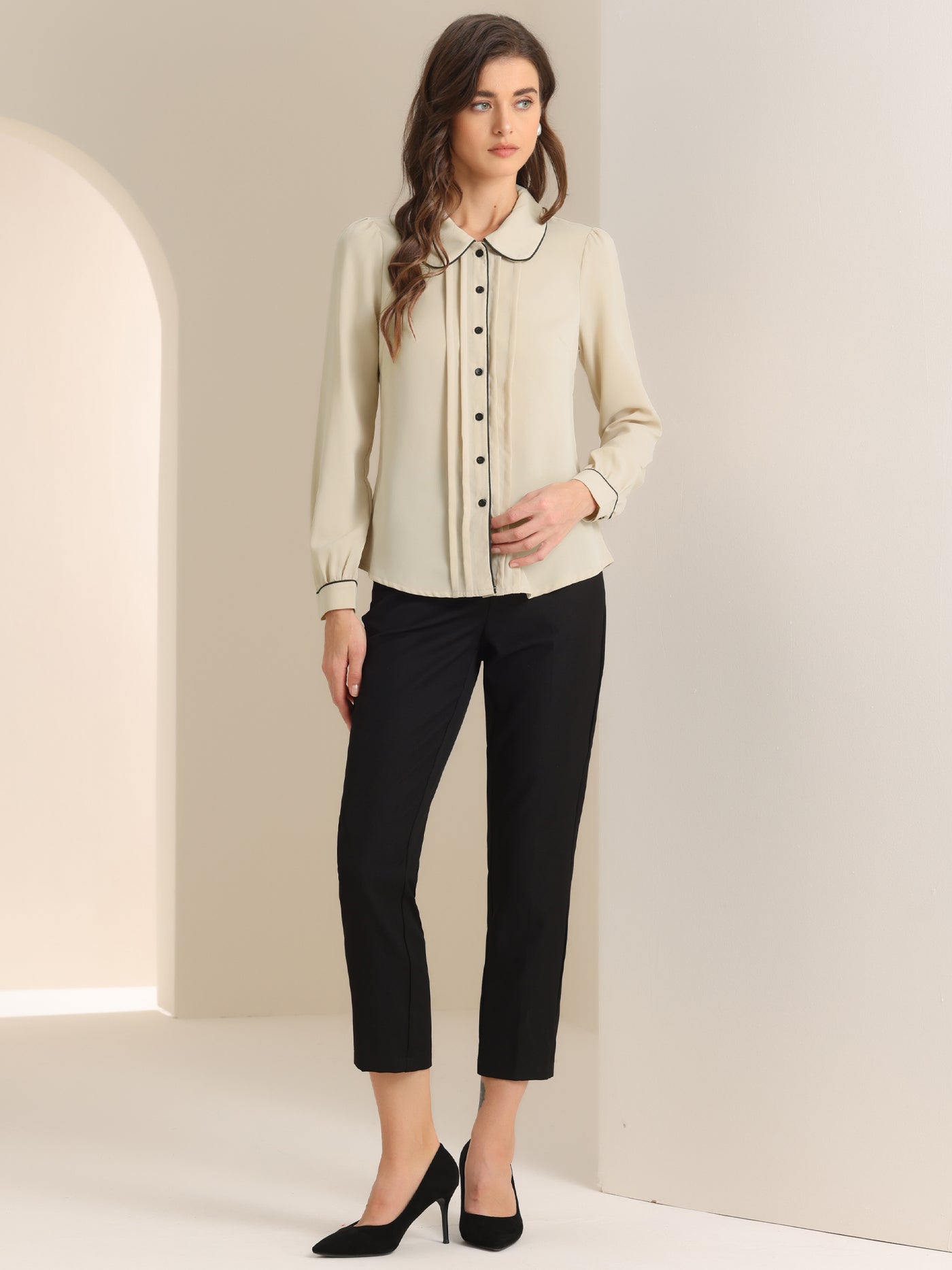 Allegra K Peter Pan Collar Long Sleeve Elegant Button Down Work Shirt