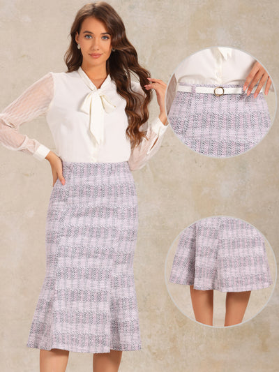 Plaid Belted Fishtail Bodycon Tweed Midi Skirt