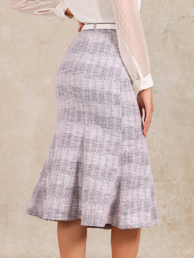 Plaid Belted Fishtail Bodycon Tweed Midi Skirt