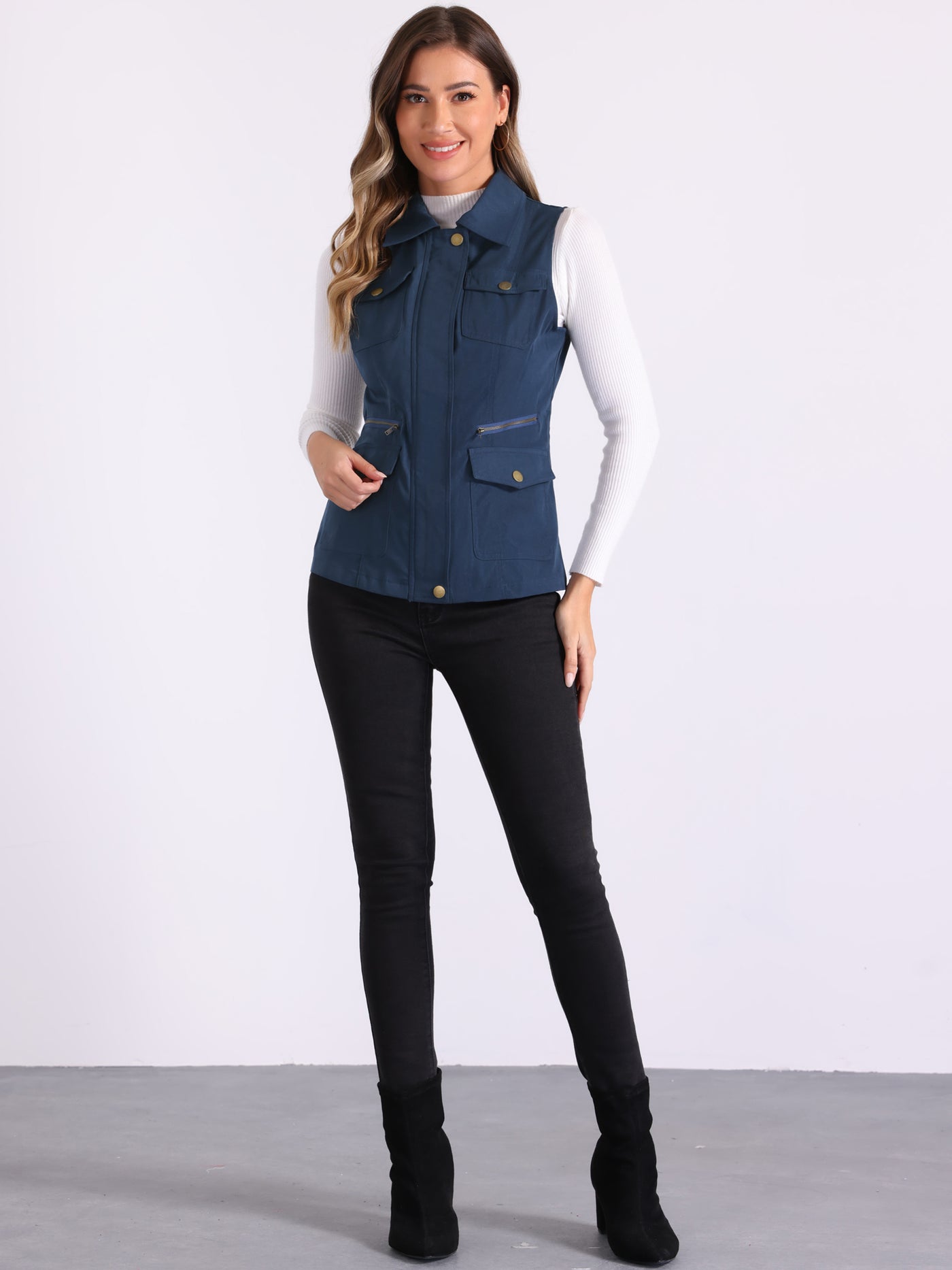 Allegra K Zip Up Pockets Sleeveless Cargo Jacket Utility Vest