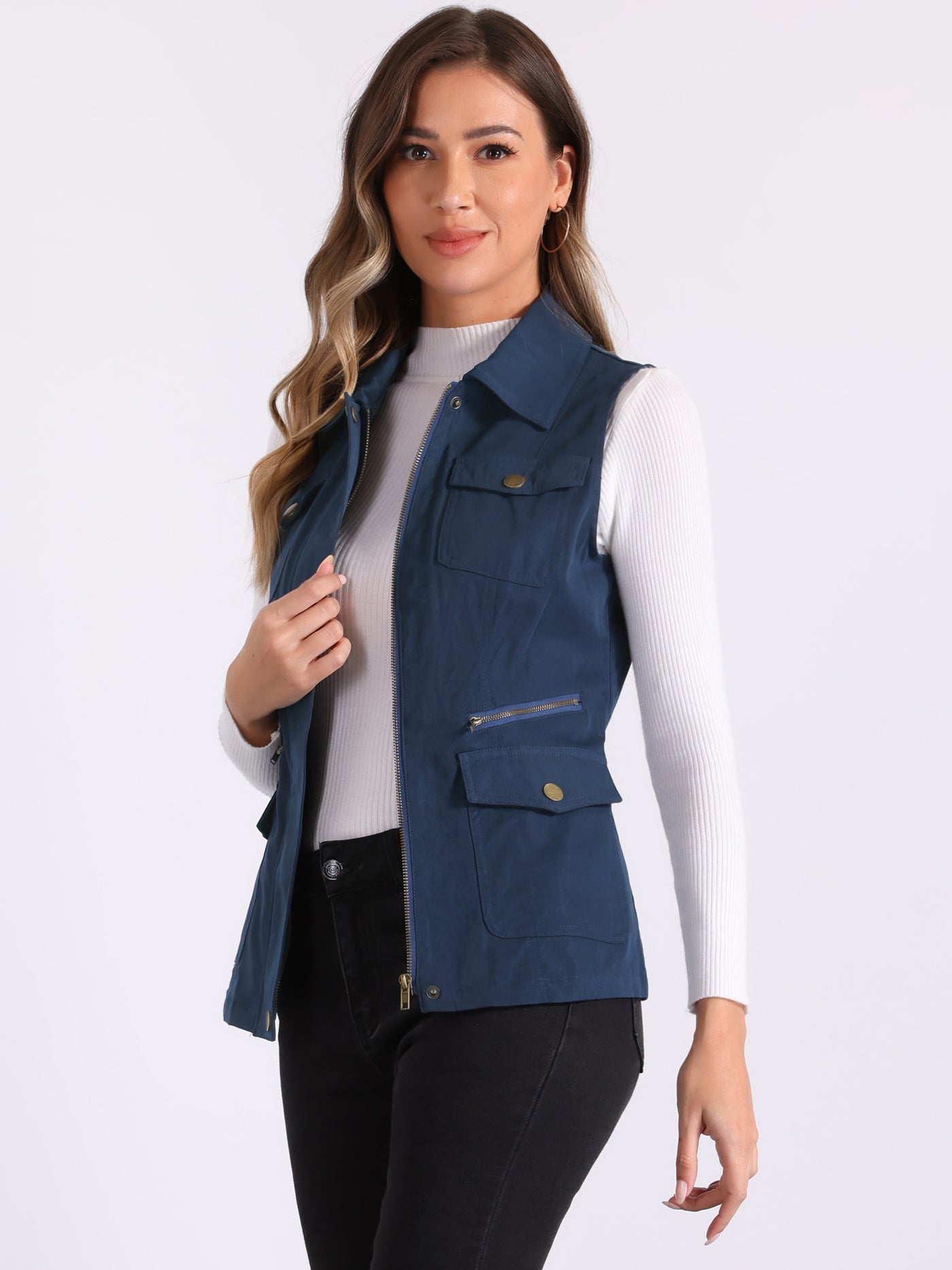 Allegra K Zip Up Pockets Sleeveless Cargo Jacket Utility Vest