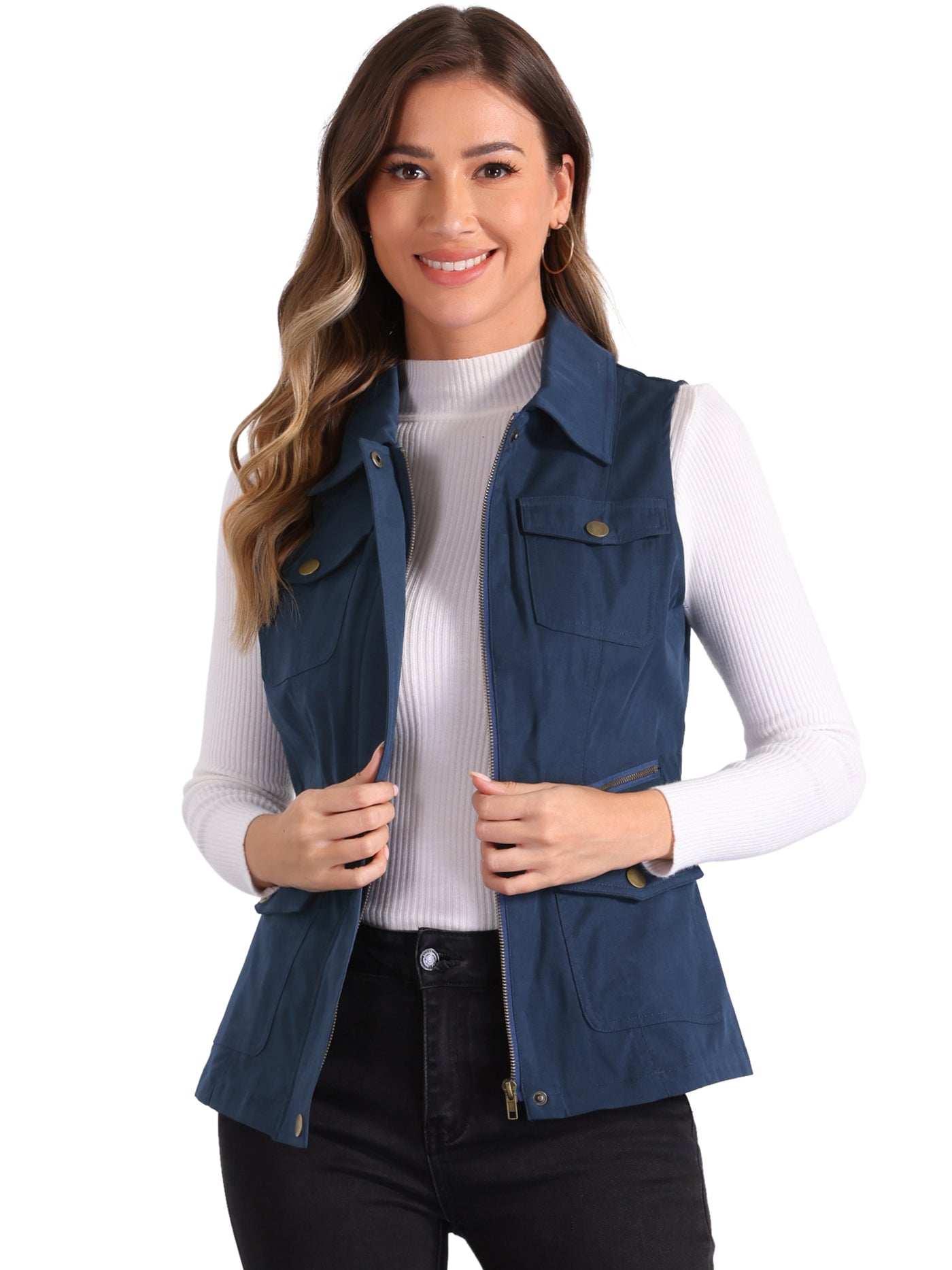 Allegra K Zip Up Pockets Sleeveless Cargo Jacket Utility Vest