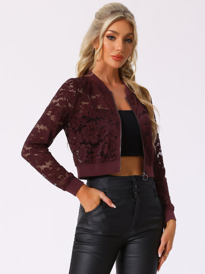 Stand Collar Zip Up Mesh Sheer Lace Crop Bomber Jacket