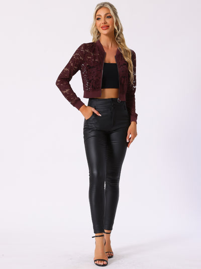 Stand Collar Zip Up Mesh Sheer Lace Crop Bomber Jacket