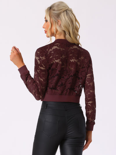 Stand Collar Zip Up Mesh Sheer Lace Crop Bomber Jacket