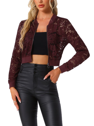 Stand Collar Zip Up Mesh Sheer Lace Crop Bomber Jacket