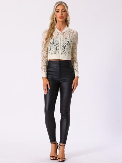 Stand Collar Zip Up Mesh Sheer Lace Crop Bomber Jacket