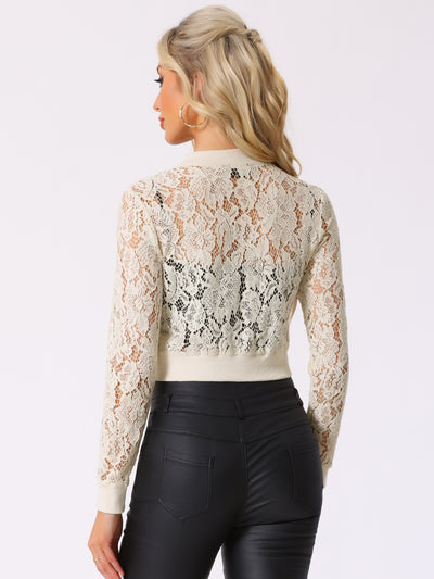 Stand Collar Zip Up Mesh Sheer Lace Crop Bomber Jacket