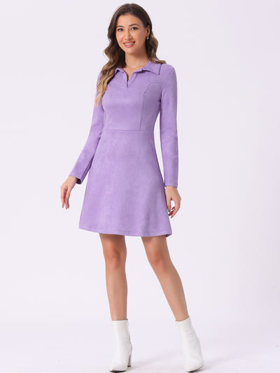 Faux Suede Lapel Neck Valentine's Day Long Sleeve A-Line Dress