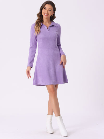 Faux Suede Lapel Neck Valentine's Day Long Sleeve A-Line Dress