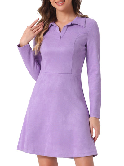 Faux Suede Lapel Neck Valentine's Day Long Sleeve A-Line Dress