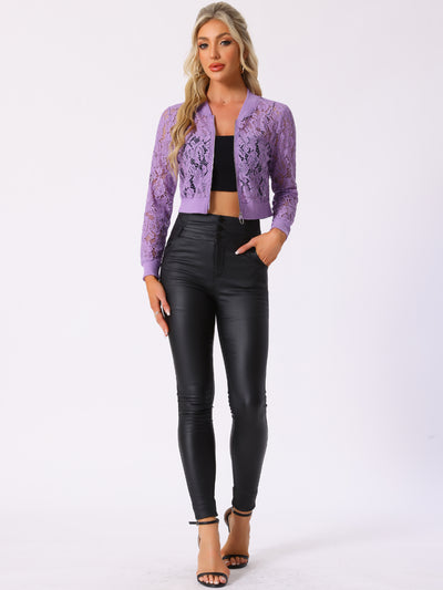 Stand Collar Zip Up Mesh Sheer Lace Crop Bomber Jacket