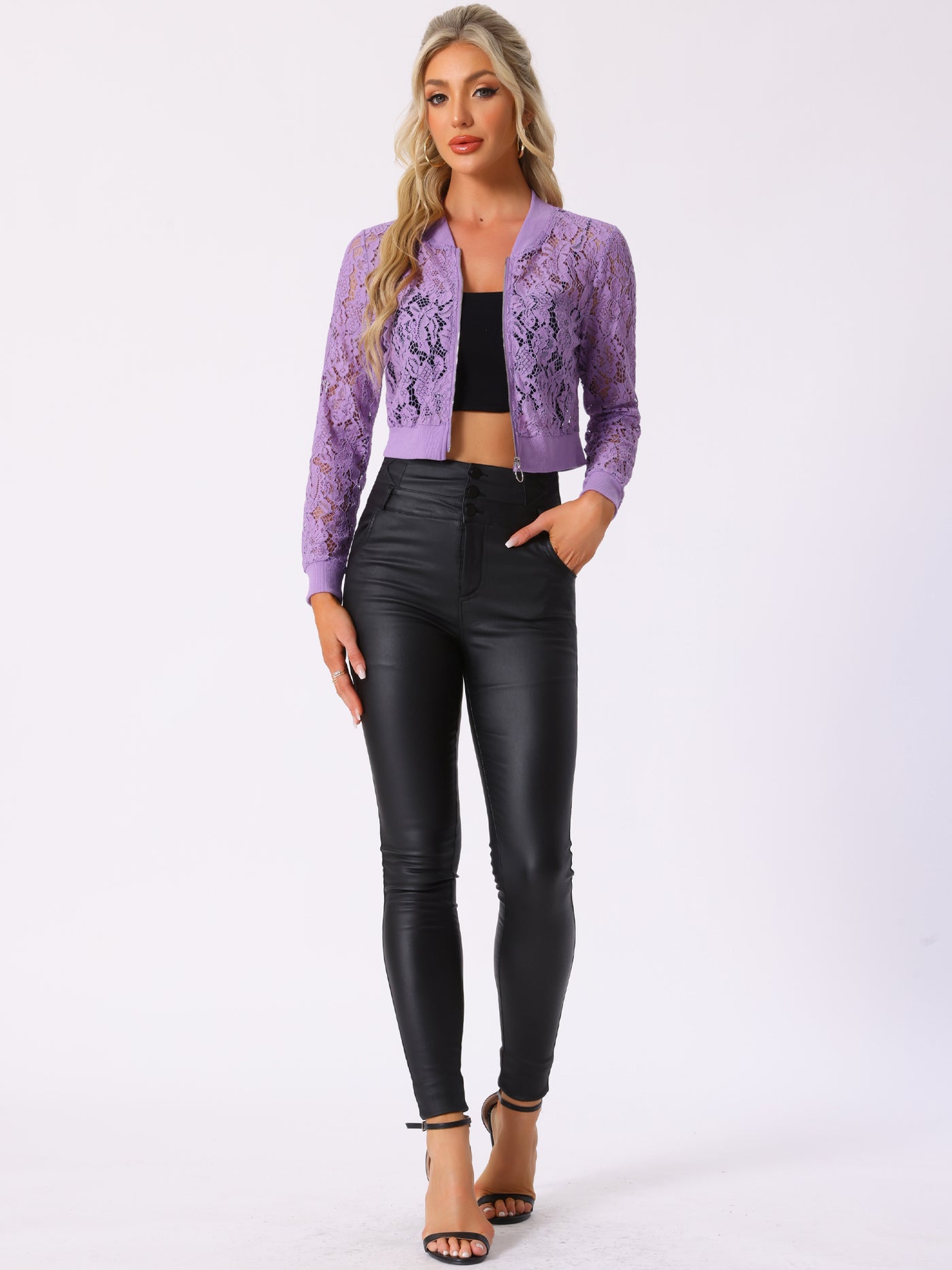 Allegra K Stand Collar Zip Up Mesh Sheer Lace Crop Bomber Jacket