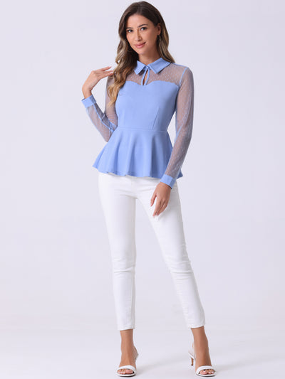 Mesh Sheer Long Sleeve Blouse Turn Down Collar Keyhole Peplum Top